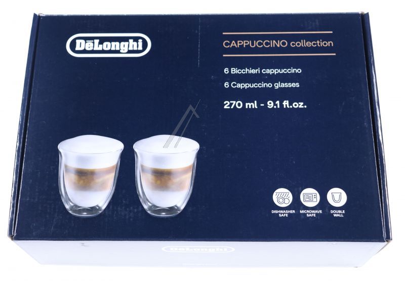 Delonghi 5513284441 Tasse - Dlsc301 cappuccino-kollektion, 270 ml, set mit 6 doppelwandigen gläsern