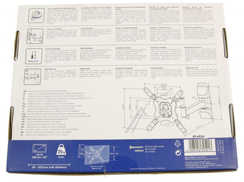 Vivanco 39501 TV-Wandhalterungen - Bfmo 6020 w beweglicher tv wandhalter für bildschirme bis 109 cm