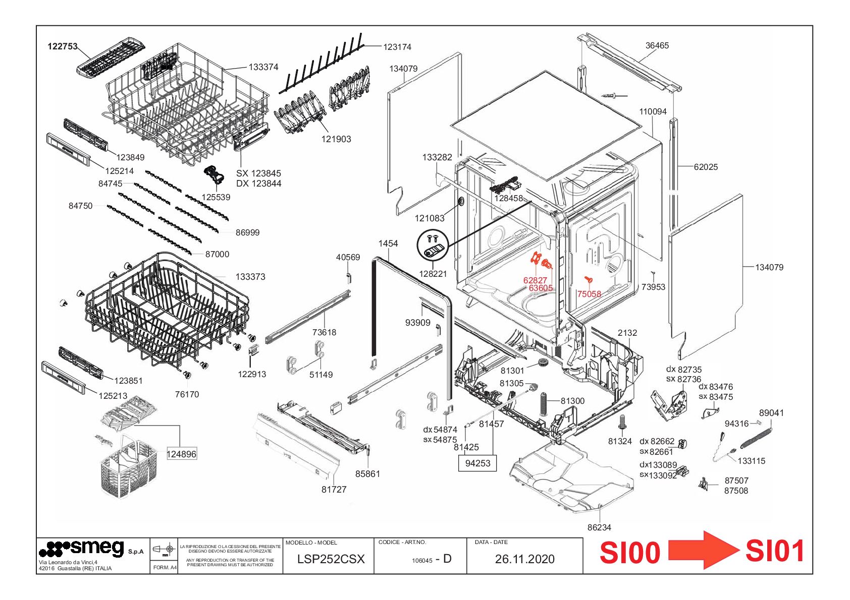 Explosionszeichnung Smeg 106045 LSP252CSX